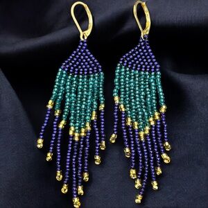 Handmade Purple & Sky Blue Dangle Fringe Tassel Seeds Beads Bohemian Earrings